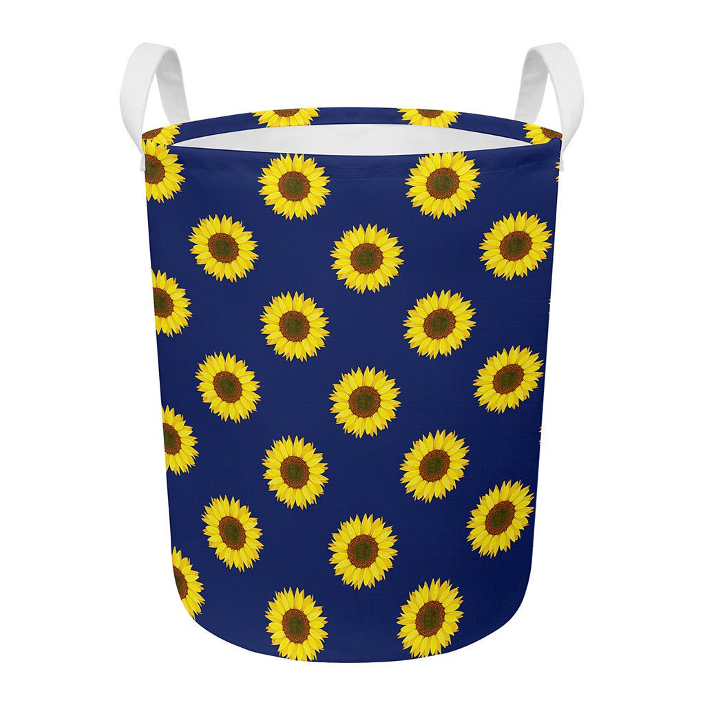 Navy Sunflower Pattern Print Round Laundry Basket