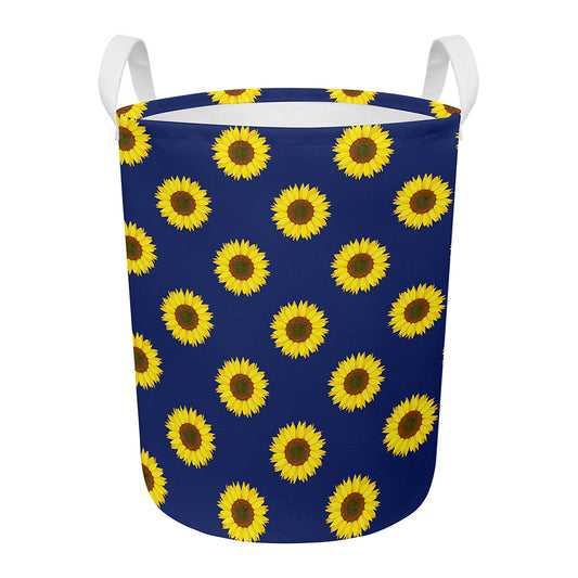 Navy Sunflower Pattern Print Round Laundry Basket
