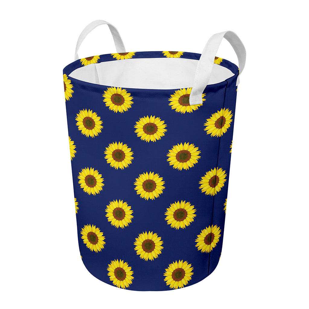 Navy Sunflower Pattern Print Round Laundry Basket