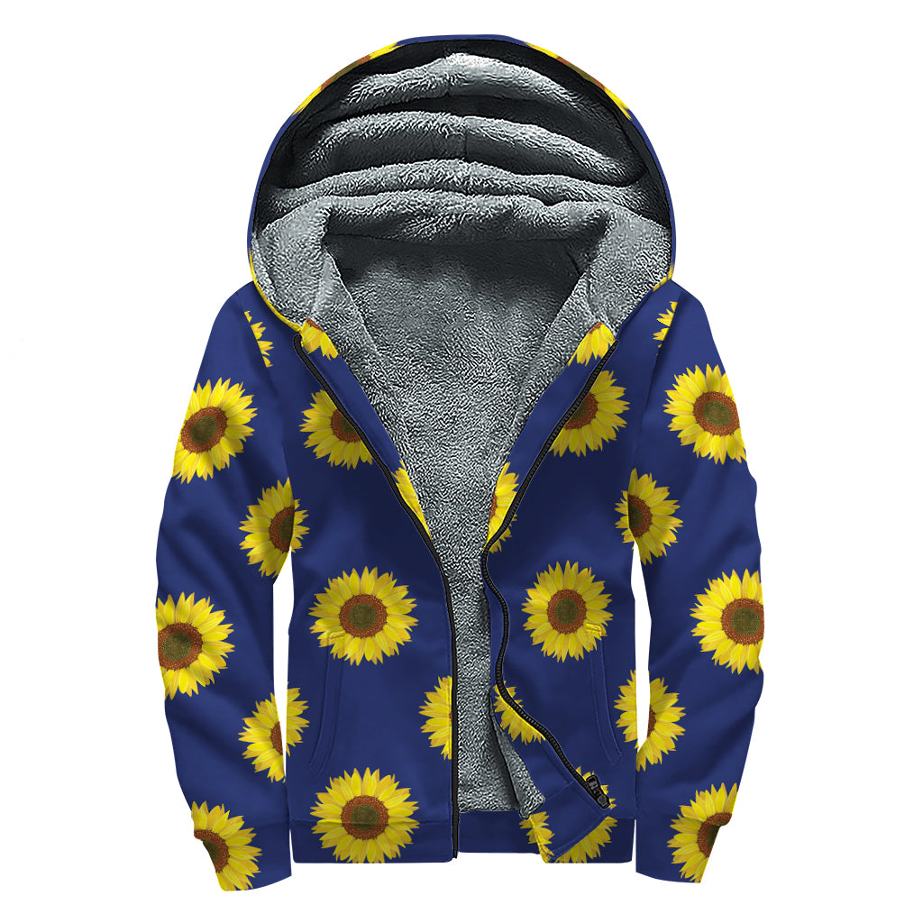 Navy Sunflower Pattern Print Sherpa Lined Zip Up Hoodie