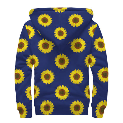 Navy Sunflower Pattern Print Sherpa Lined Zip Up Hoodie