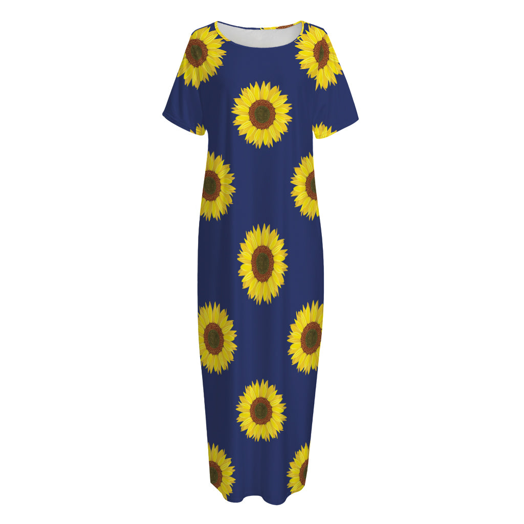 Navy Sunflower Pattern Print Short Sleeve Long Nightdress
