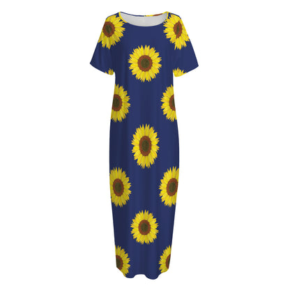 Navy Sunflower Pattern Print Short Sleeve Long Nightdress
