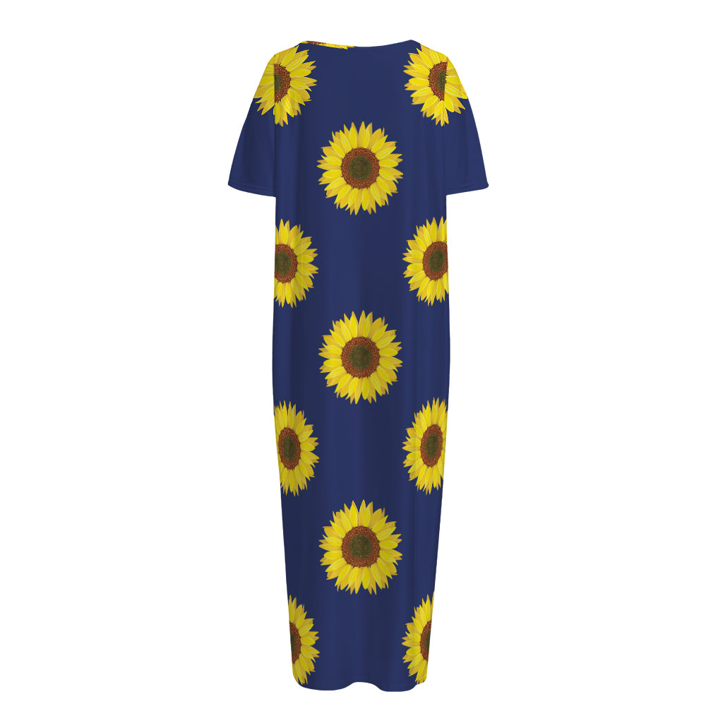 Navy Sunflower Pattern Print Short Sleeve Long Nightdress