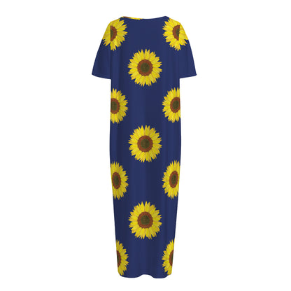 Navy Sunflower Pattern Print Short Sleeve Long Nightdress