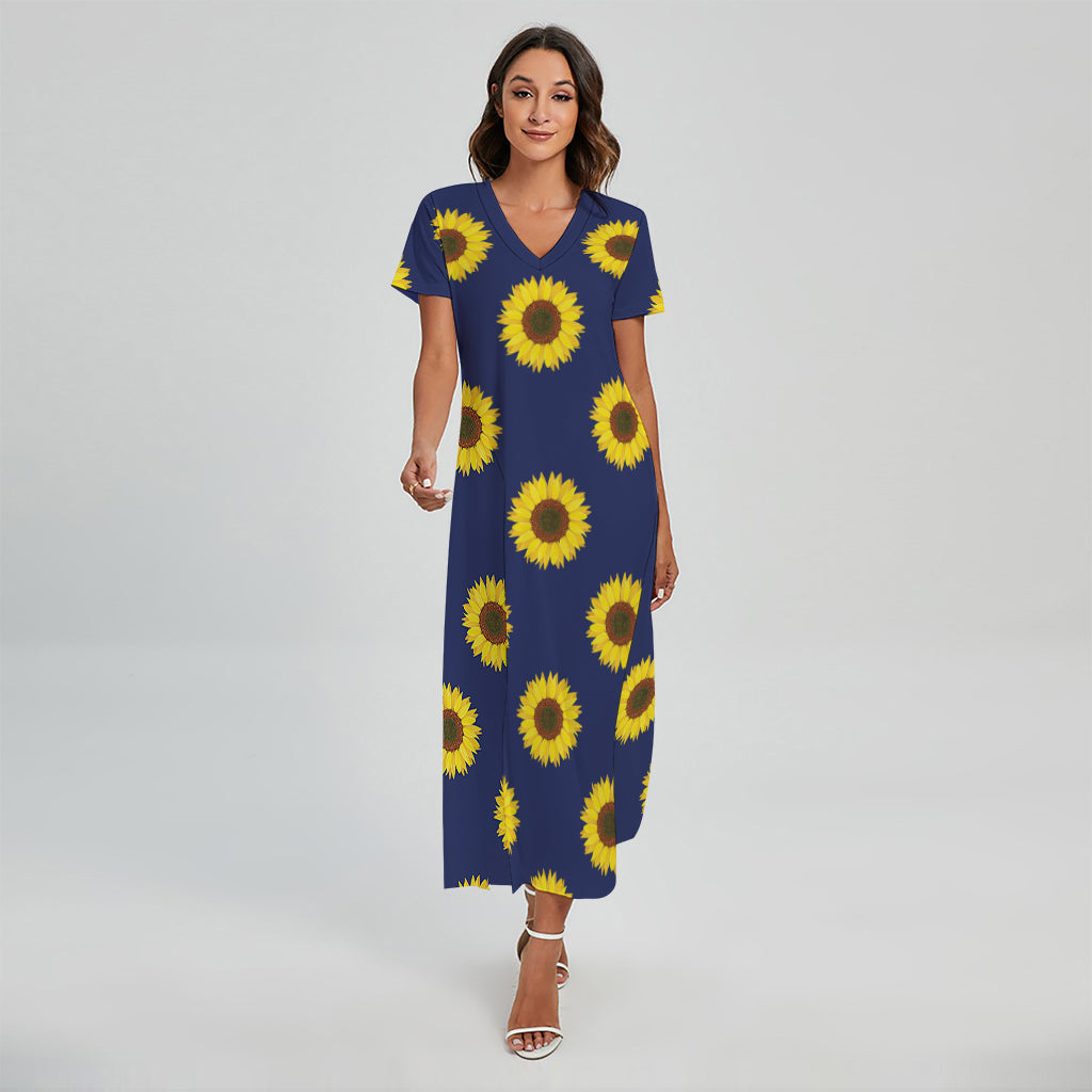 Navy Sunflower Pattern Print Short Sleeve Maxi Dress