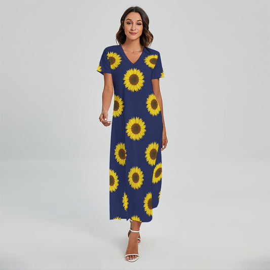 Navy Sunflower Pattern Print Short Sleeve Maxi Dress