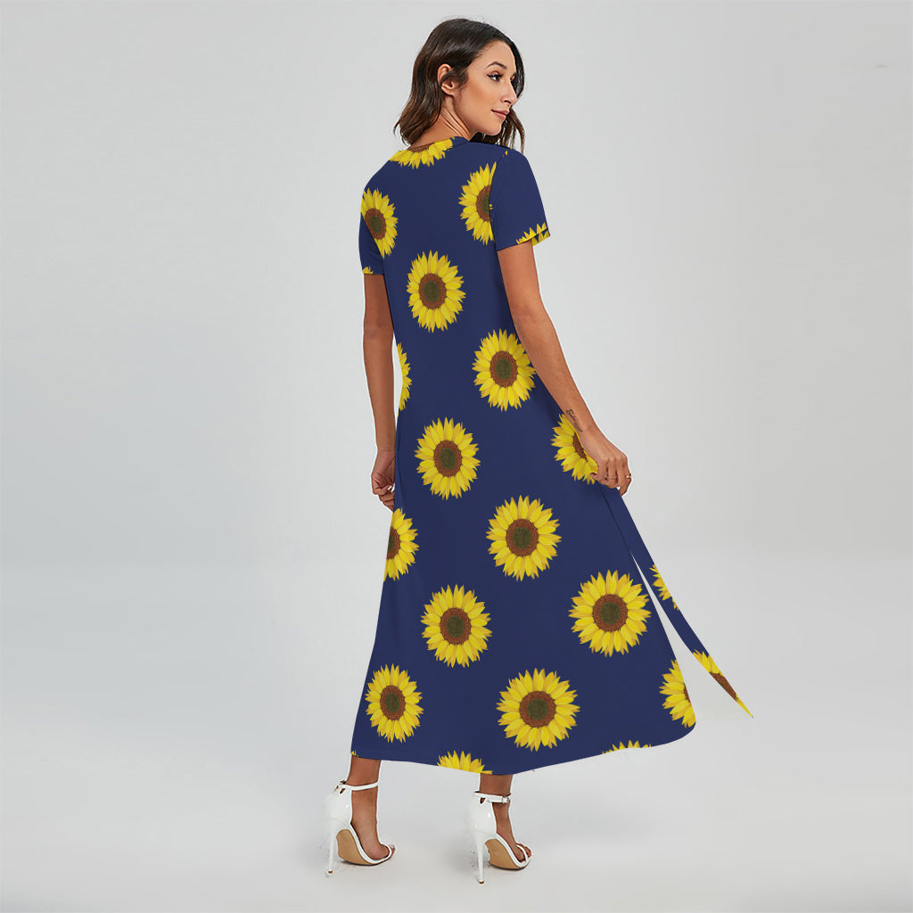 Navy Sunflower Pattern Print Short Sleeve Maxi Dress