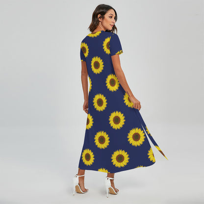 Navy Sunflower Pattern Print Short Sleeve Maxi Dress