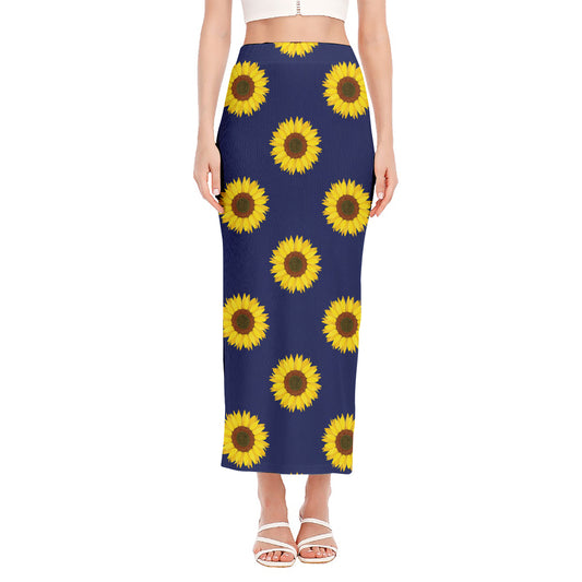 Navy Sunflower Pattern Print Side Slit Maxi Skirt