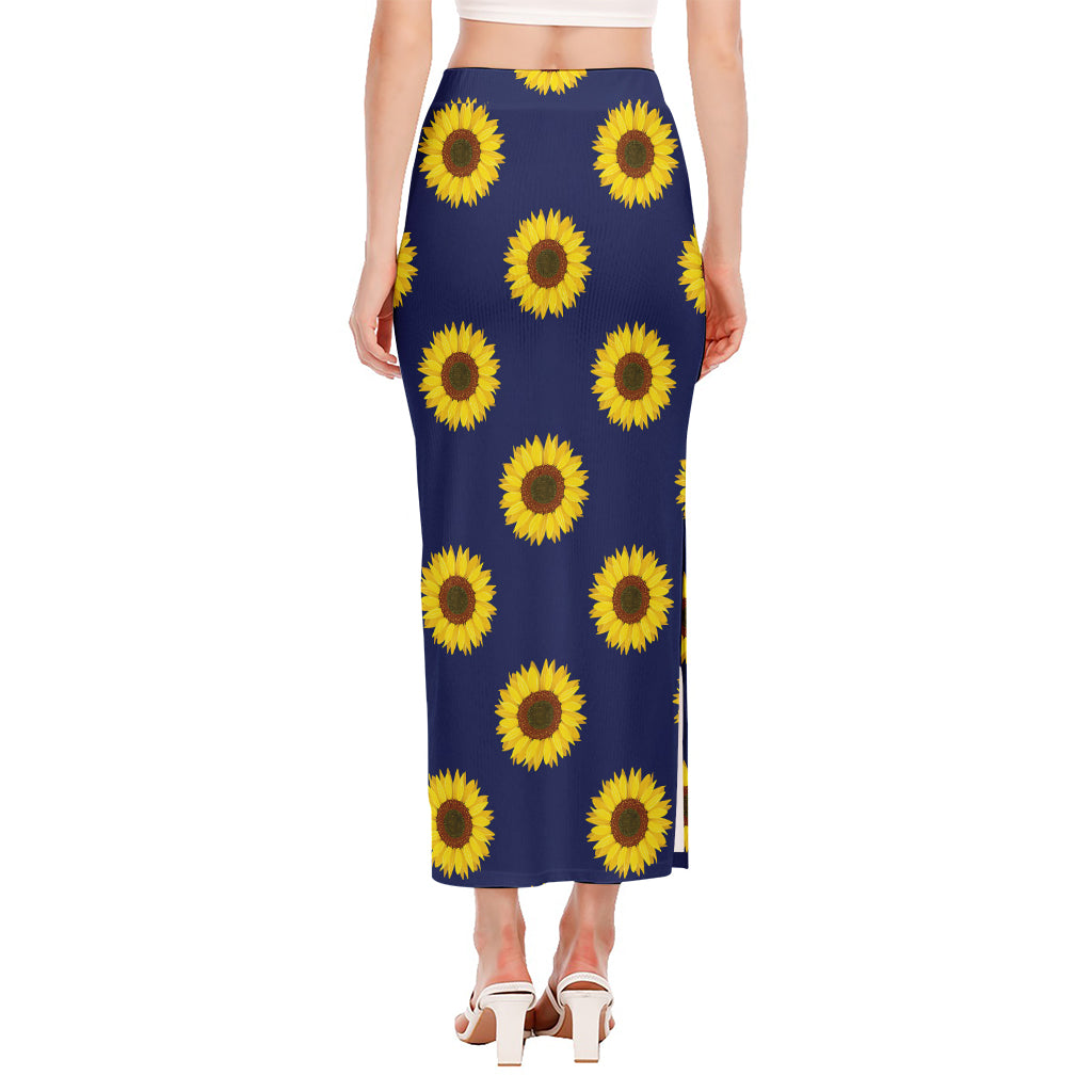 Navy Sunflower Pattern Print Side Slit Maxi Skirt