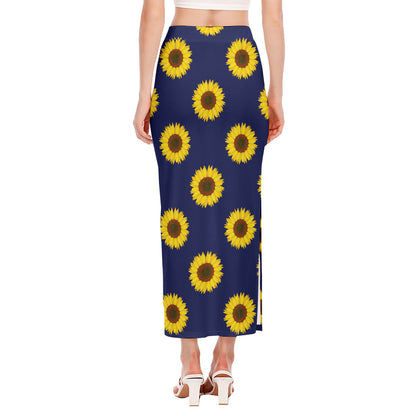 Navy Sunflower Pattern Print Side Slit Maxi Skirt