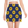 Navy Sunflower Pattern Print Side Slit Mini Skirt