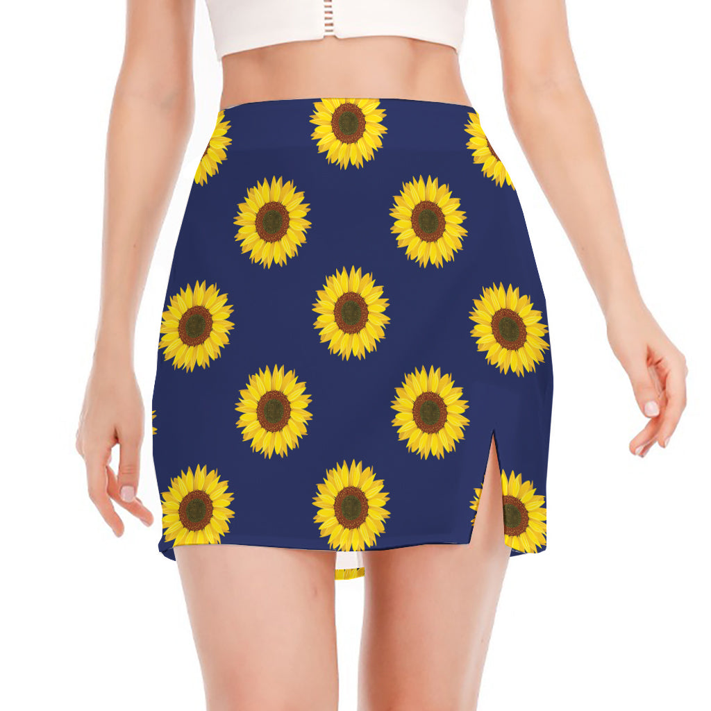 Navy Sunflower Pattern Print Side Slit Mini Skirt