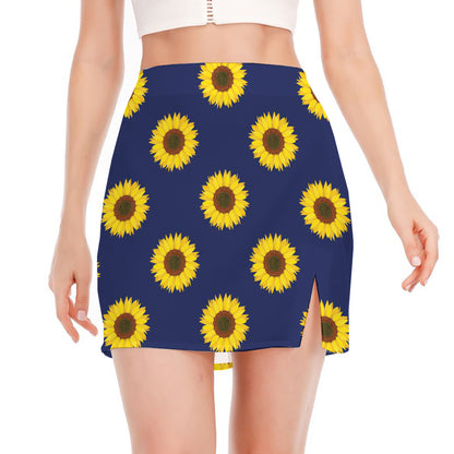 Navy Sunflower Pattern Print Side Slit Mini Skirt