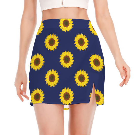 Navy Sunflower Pattern Print Side Slit Mini Skirt