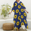 Navy Sunflower Pattern Print Silk V-Neck Kaftan Dress