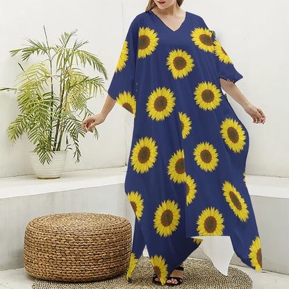 Navy Sunflower Pattern Print Silk V-Neck Kaftan Dress