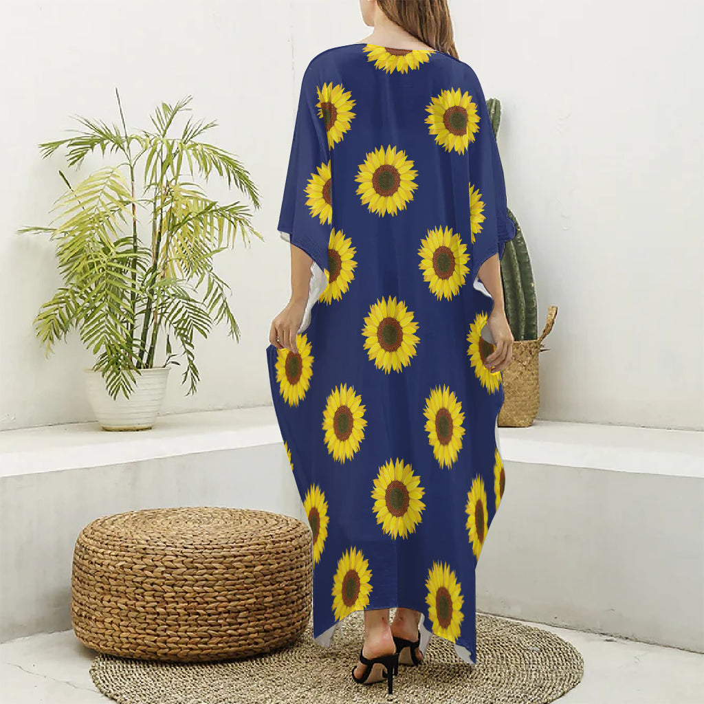 Navy Sunflower Pattern Print Silk V-Neck Kaftan Dress