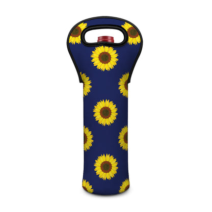 Navy Sunflower Pattern Print Single Neoprene Wine Tote
