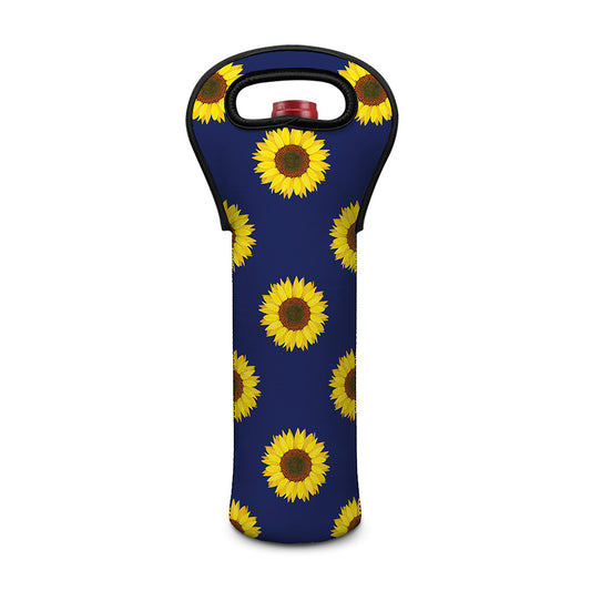 Navy Sunflower Pattern Print Single Neoprene Wine Tote