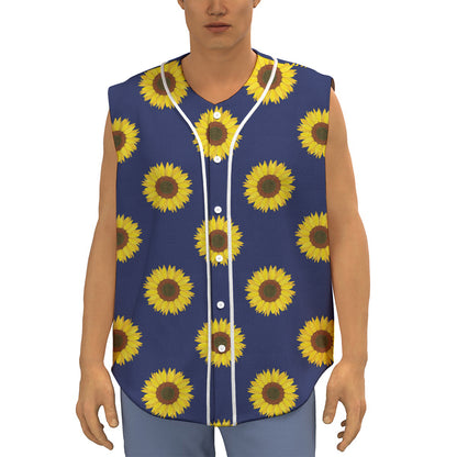 Navy Sunflower Pattern Print Sleeveless Baseball Jersey