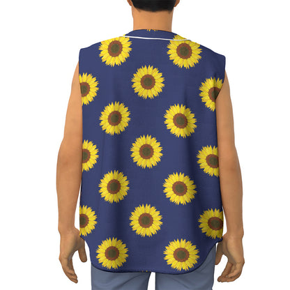 Navy Sunflower Pattern Print Sleeveless Baseball Jersey