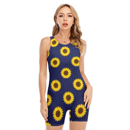 Navy Sunflower Pattern Print Sleeveless One Piece Swimsuit
