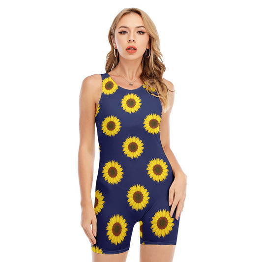 Navy Sunflower Pattern Print Sleeveless One Piece Swimsuit