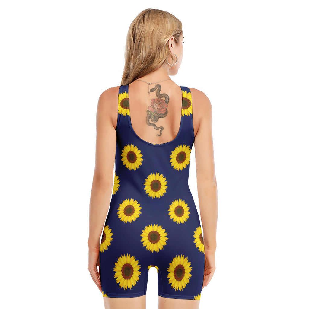 Navy Sunflower Pattern Print Sleeveless One Piece Swimsuit