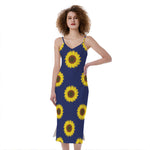 Navy Sunflower Pattern Print Slim Fit Midi Cami Dress