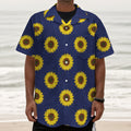 Navy Sunflower Pattern Print Textured Short Sleeve Shirt