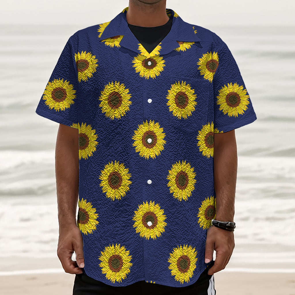 Navy Sunflower Pattern Print Textured Short Sleeve Shirt