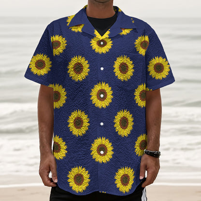Navy Sunflower Pattern Print Textured Short Sleeve Shirt