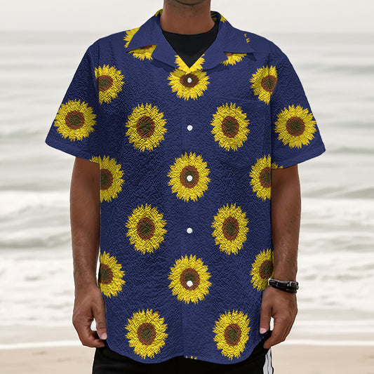 Navy Sunflower Pattern Print Textured Short Sleeve Shirt