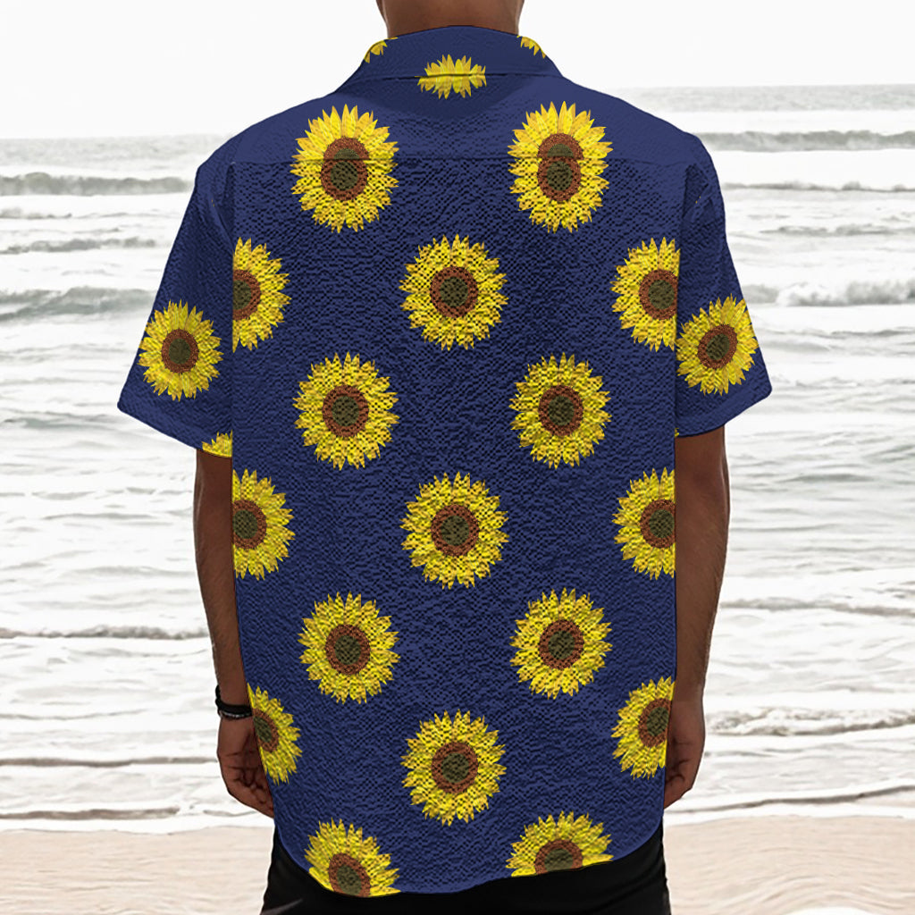Navy Sunflower Pattern Print Textured Short Sleeve Shirt