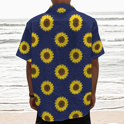 Navy Sunflower Pattern Print Textured Short Sleeve Shirt