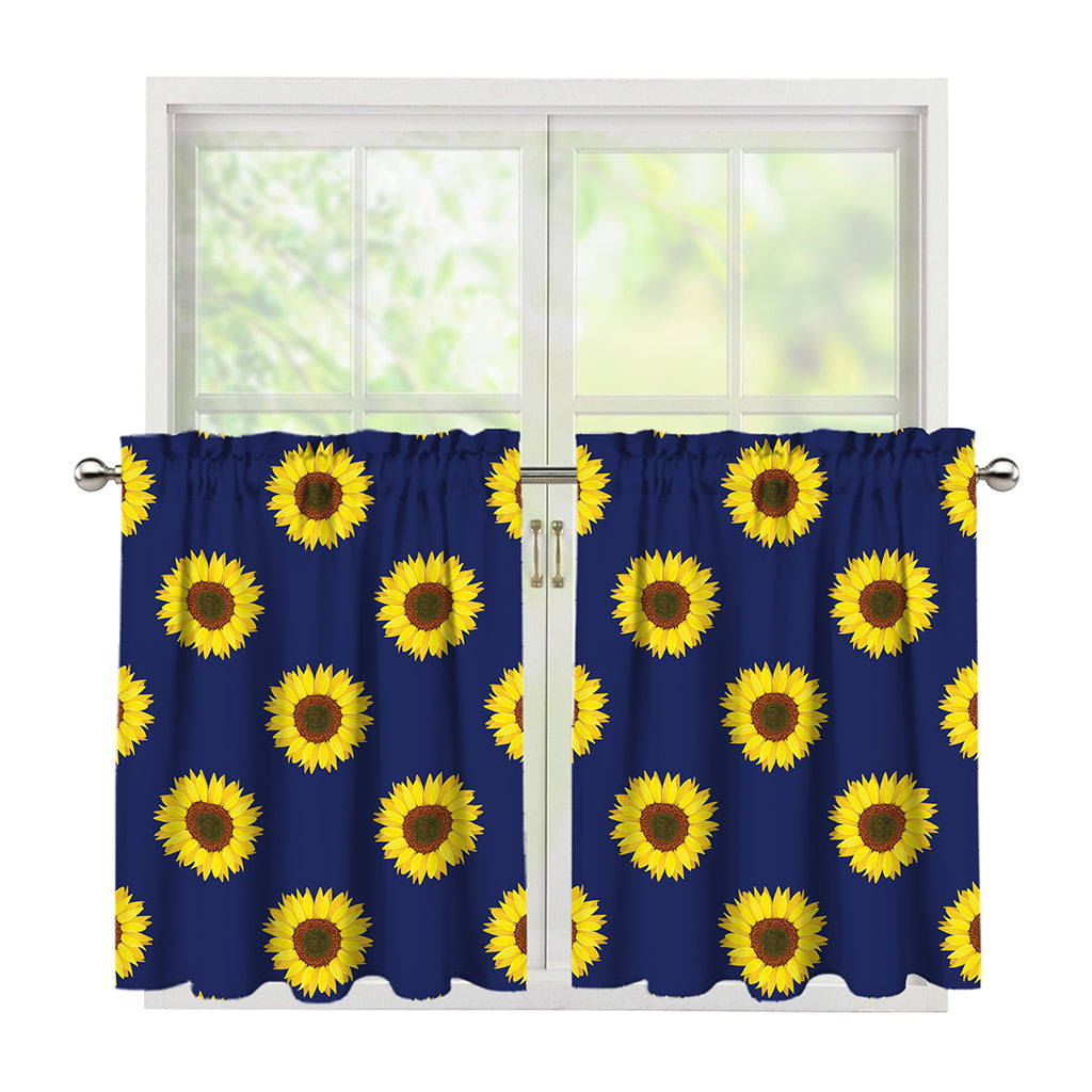 Navy Sunflower Pattern Print Tier Curtains