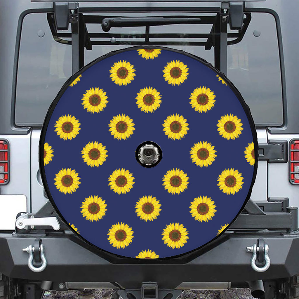 Navy Sunflower Pattern Print Tire Cover With Camera Hole