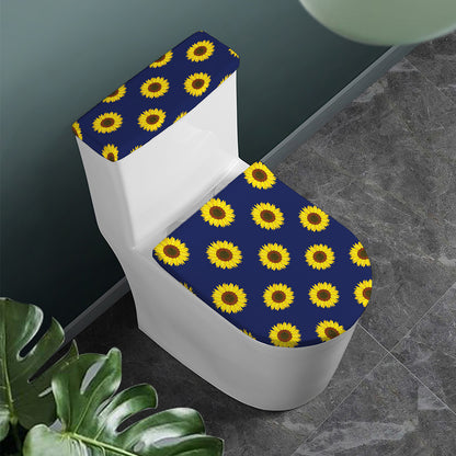 Navy Sunflower Pattern Print Toilet Lid And Tank Cover Set