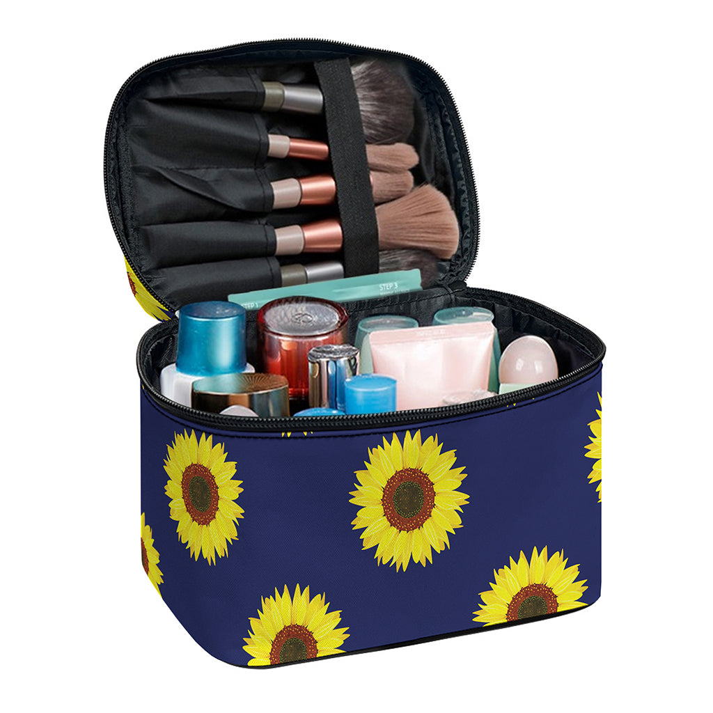 Navy Sunflower Pattern Print Travel Makeup Bag
