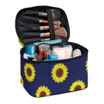 Navy Sunflower Pattern Print Travel Makeup Bag