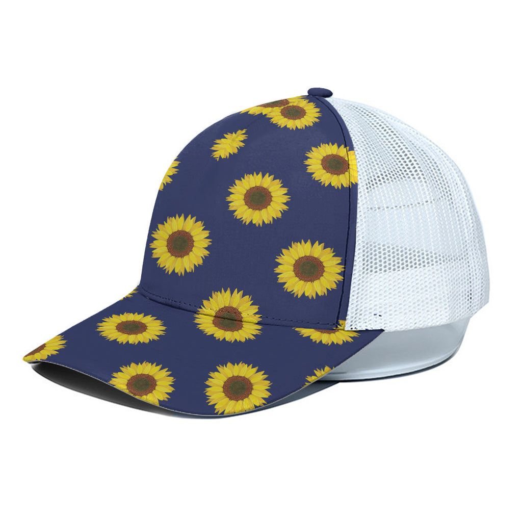 Navy Sunflower Pattern Print White Mesh Trucker Cap