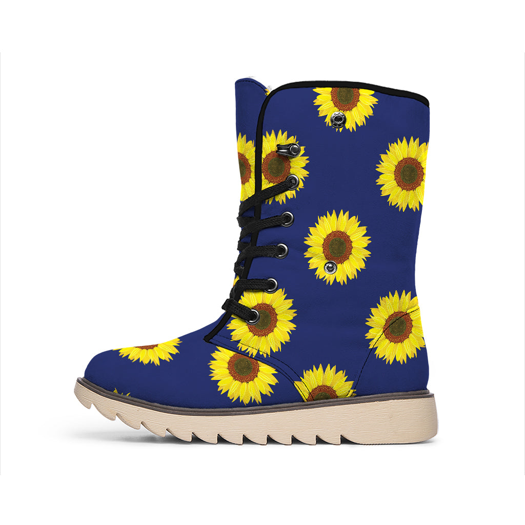 Navy Sunflower Pattern Print Winter Boots