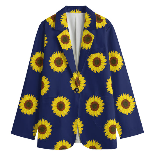 Navy Sunflower Pattern Print Women's Blazer