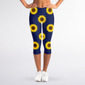 Navy Sunflower Pattern Print Women's Capri Leggings