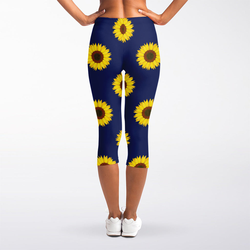 Navy Sunflower Pattern Print Women's Capri Leggings