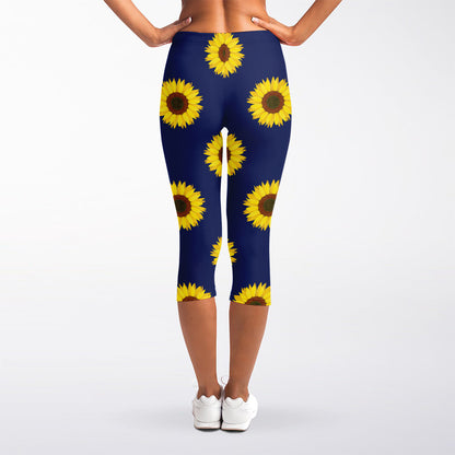 Navy Sunflower Pattern Print Women's Capri Leggings
