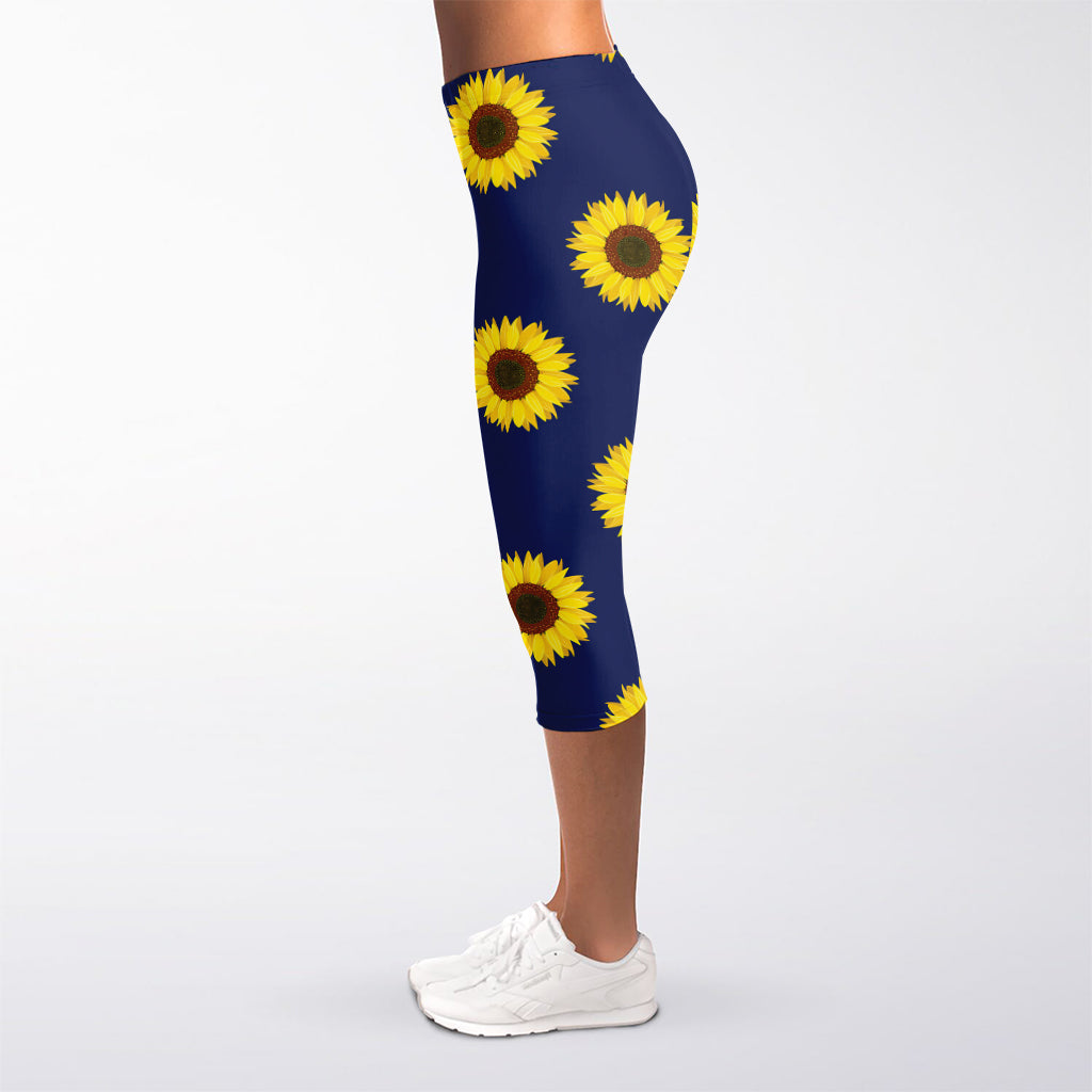 Navy Sunflower Pattern Print Women's Capri Leggings