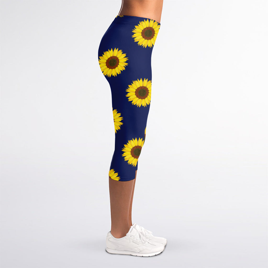 Navy Sunflower Pattern Print Women's Capri Leggings